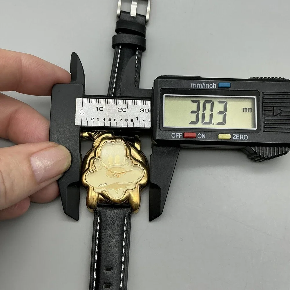 Vtg Lorus Womens Watch 30mm Disney Goofy Gold Tone Black Leather New Battery